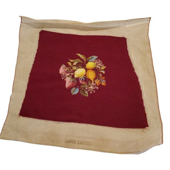 Vtg Needlepoint Petitpoint Chair Pillow Cover Fruit Lemon Strawberry 16"×19" - Picture 1 of 9